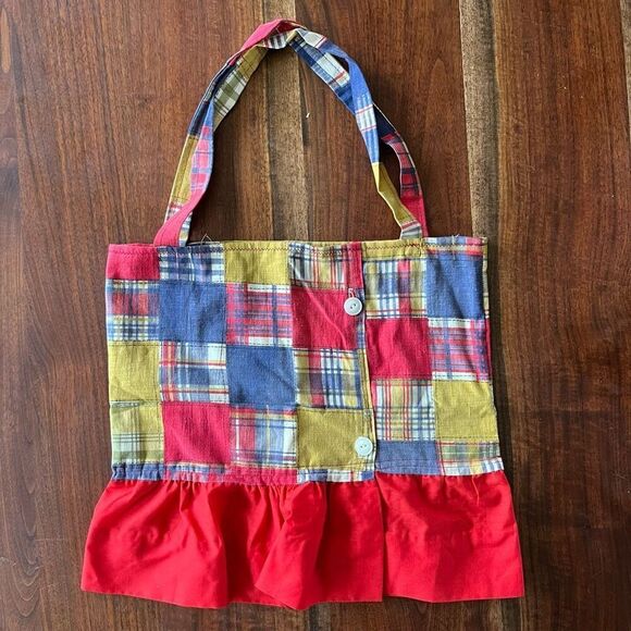 Upcycled Plaid Ruffle Tote w/ Smurf Lining, Vintage Fabric Patchwork Bag - Picture 1 of 11